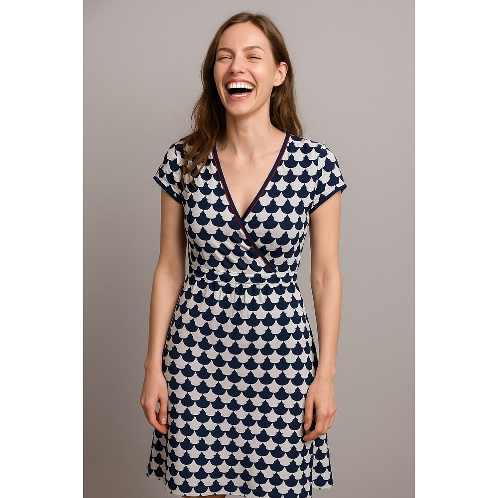 Boden UK 12 R US 8 Navy White Scallop Print‎ Wrap Dress Career Casual